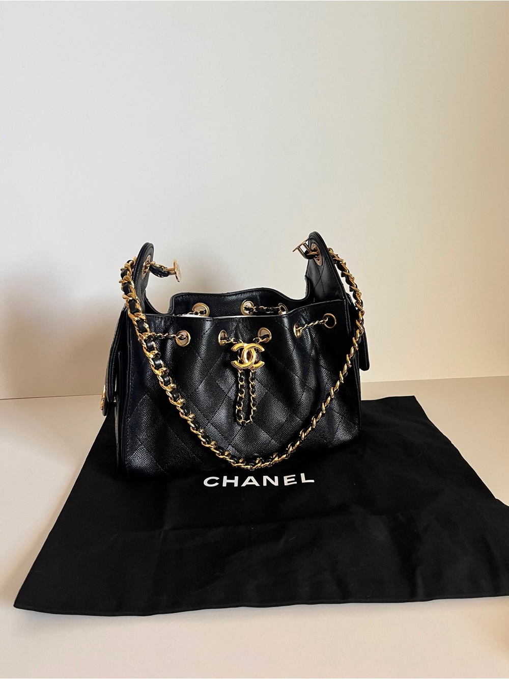 Chanel MINI 25 Black Quilted Leather Bucket Bag with Gold Chain